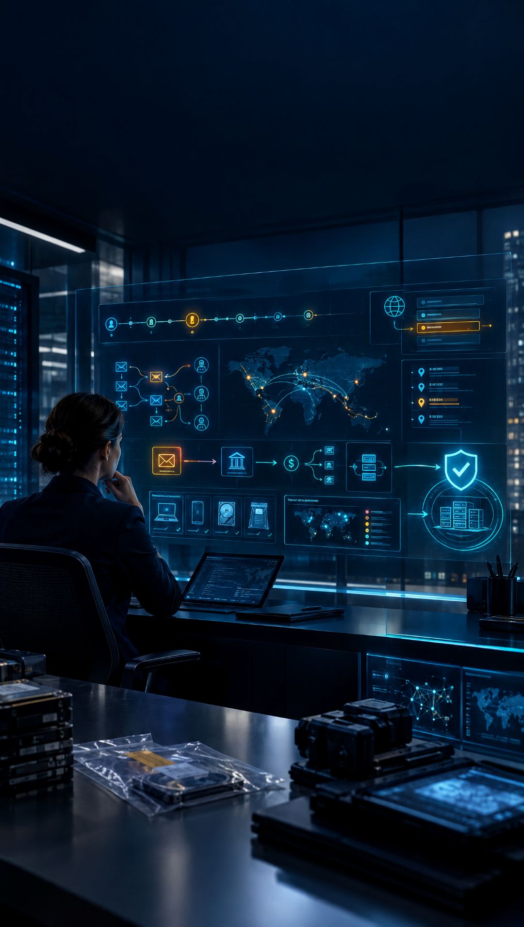 Cyber Security scene, viewing data screens